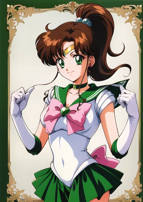 masterpiece, best quality, highres, hmjupiter, green eyes, ponytail, tiara, jewelry, sailor senshi uniform, green sailor collar, choker, elbow gloves, white gloves, pink bow, brooch, leotard, green skirt, <lora:sailor_jupiter_v1:0.7>, smile, 1990s \(style\),