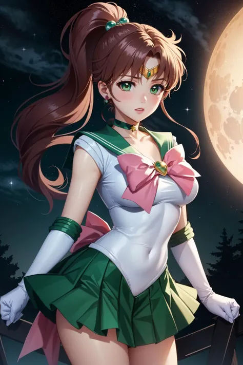 masterpiece, best quality, <lora:sailor_jupiter_v2:0.7>, hmjupiter, green eyes, ponytail, tiara, jewelry, sailor senshi uniform, green sailor collar, choker, elbow gloves, white gloves, pink bow, brooch, white leotard, green skirt, pleated skirt, night, big bloody moon, starry