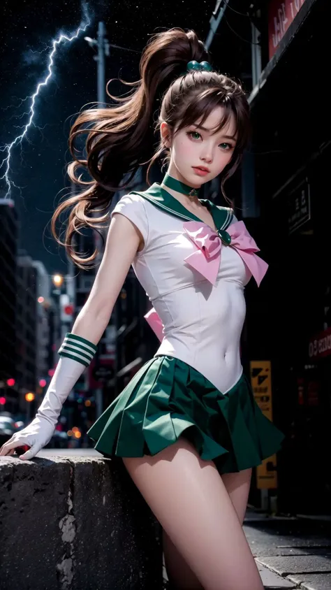 hmjupiter, green eyes, ponytail, tiara, jewelry, sailor senshi uniform, green sailor collar, choker, elbow gloves, white gloves, pink bow, brooch, leotard, green skirt, <lora:sailor_jupiter_v2:0.7>, night, city night sky, moon, lightning, Lots of lightning, heart brooch, , best quality, masterpiece, high resolution, intricate details, (( realistic )), photographic, solo, full body,