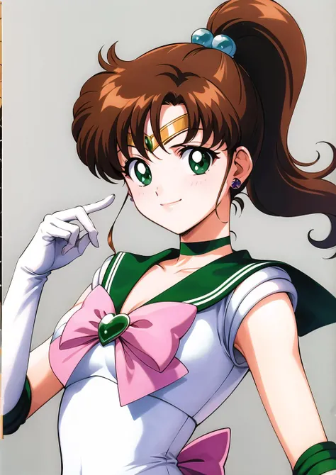 masterpiece, best quality, highres, hmjupiter, green eyes, ponytail, tiara, jewelry, sailor senshi uniform, green sailor collar, choker, elbow gloves, white gloves, pink bow, brooch, leotard, green skirt, <lora:sailor_jupiter_v1:0.7>, smile, 1990s \(style\),