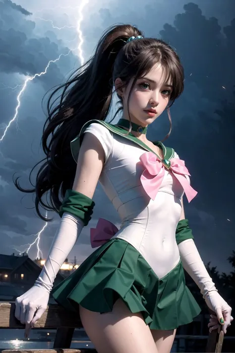 hmjupiter, green eyes, ponytail, tiara, jewelry, sailor senshi uniform, green sailor collar, choker, elbow gloves, white gloves, pink bow, brooch, leotard, green skirt, <lora:sailor_jupiter_v2:0.7>, night, moon, lightning, Lots of lightning, lightning elemental energy towards himself, heart brooch, , best quality, masterpiece, high resolution, intricate details, (( realistic )), photographic, solo,