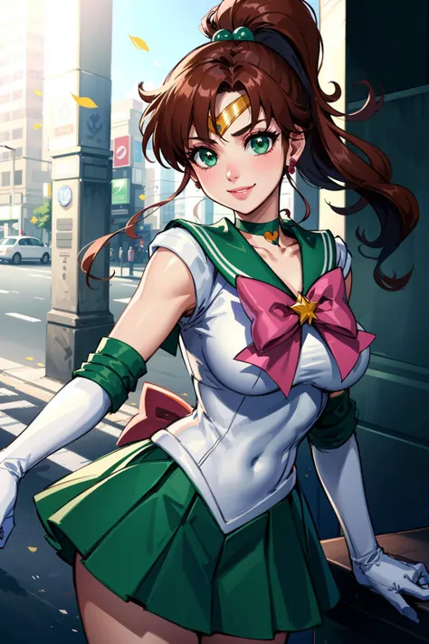 absurdres ,(extraordinary quality, ultra detailed,:1.5)
hires, super fine illustration,4k,
natural lighting, at tokyo street,(depth of field)
break
1girl, ultimate beautiful face,
hmjupiter, green eyes, ponytail, tiara, jewelry, sailor senshi uniform, green sailor collar, choker, elbow gloves, white gloves, pink bow, brooch, white leotard, green skirt, pleated skirt,
smile,
<lora:sailor_jupiter_v2:0.6>