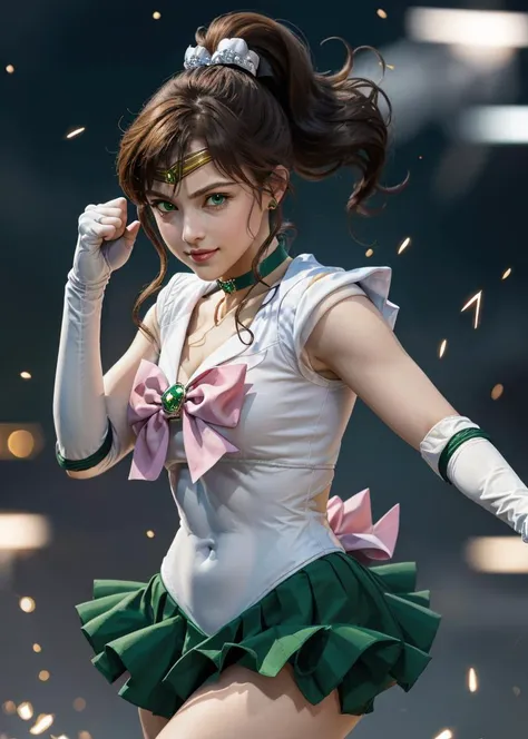 (8k, best quality, masterpiece:1.2), (realistic, photo-realistic:1.4), ultra-detailed, scene from movie, upper body shot, Sailor Jupiter smirking, hands up, fighting pose, hmjupiter, green eyes, ponytail, tiara, jewelry, sailor senshi uniform, green sailor collar, choker, elbow gloves, white gloves, pink bow, brooch, leotard, green skirt <lora:sailor_jupiter_v1:0.3> many lightning bolts
