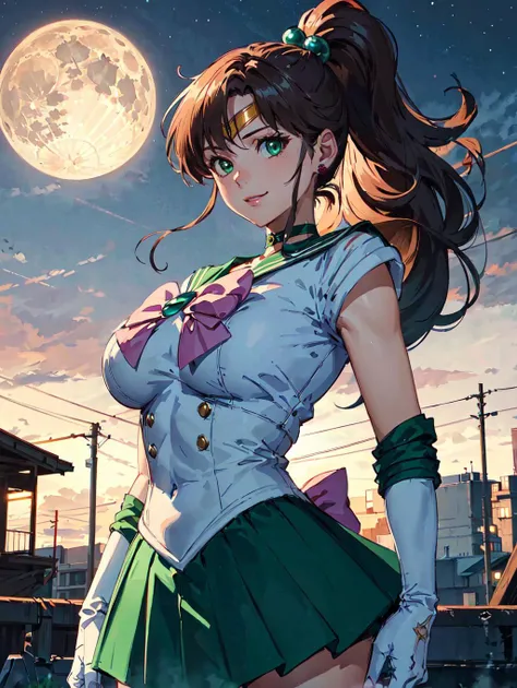 Highest quality、Realistic、woman、senior citizen、68 years old、grandmother、Wrinkled face、Sailor Jupiter、、Sailor Senshi Zoom、Orange eyes、Gray Hair、ponytail、Reinforced Body、Green collar sailor uniform、Green pleated mini skirt、Pink ribbon、White long gloves、thin、Saggy breasts、Appropriate smile、Busy Street、Bust Shot、