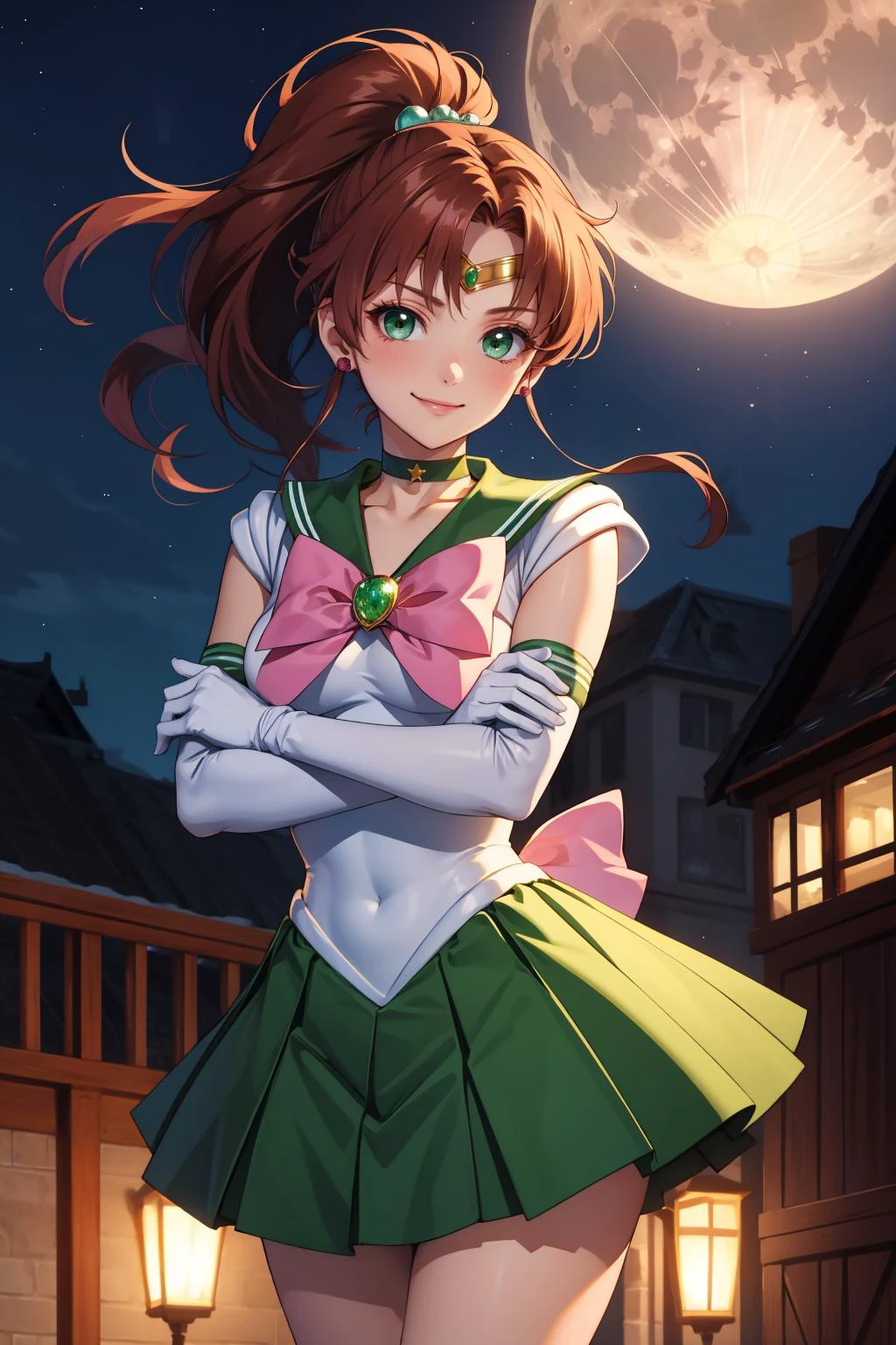 masterpiece, best quality, highres, absurdres, ultra detailed, pretty eyes,
hmjupiter, green eyes, ponytail, tiara, jewelry, sailor senshi uniform, green sailor collar, choker, elbow gloves, white gloves, pink bow, brooch, white leotard, green skirt, pleated skirt
sanding arms_crossed, cowboy shot, night, outdoors, moon, smile, city,
<lora:sailor_jupiter_v1:0.7>