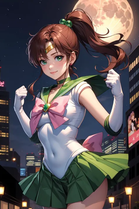 masterpiece, best quality, highres, absurdres, ultra detailed, pretty eyes,
hmjupiter, green eyes, ponytail, tiara, jewelry, sailor senshi uniform, green sailor collar, choker, elbow gloves, white gloves, pink bow, brooch, white leotard, green skirt, pleated skirt
hands up, fighting pose, cowboy shot, night, outdoors, moon, smile, city,
<lora:sailor_jupiter_v1:0.7>