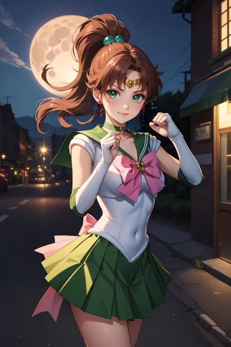 masterpiece, best quality, highres, hmjupiter, green eyes, ponytail, tiara, jewelry, sailor senshi uniform, green sailor collar, choker, elbow gloves, white gloves, pink bow, brooch, leotard, green skirt, <lora:sailor_jupiter_v1:0.7>, cowboy shot, standing, night, moon