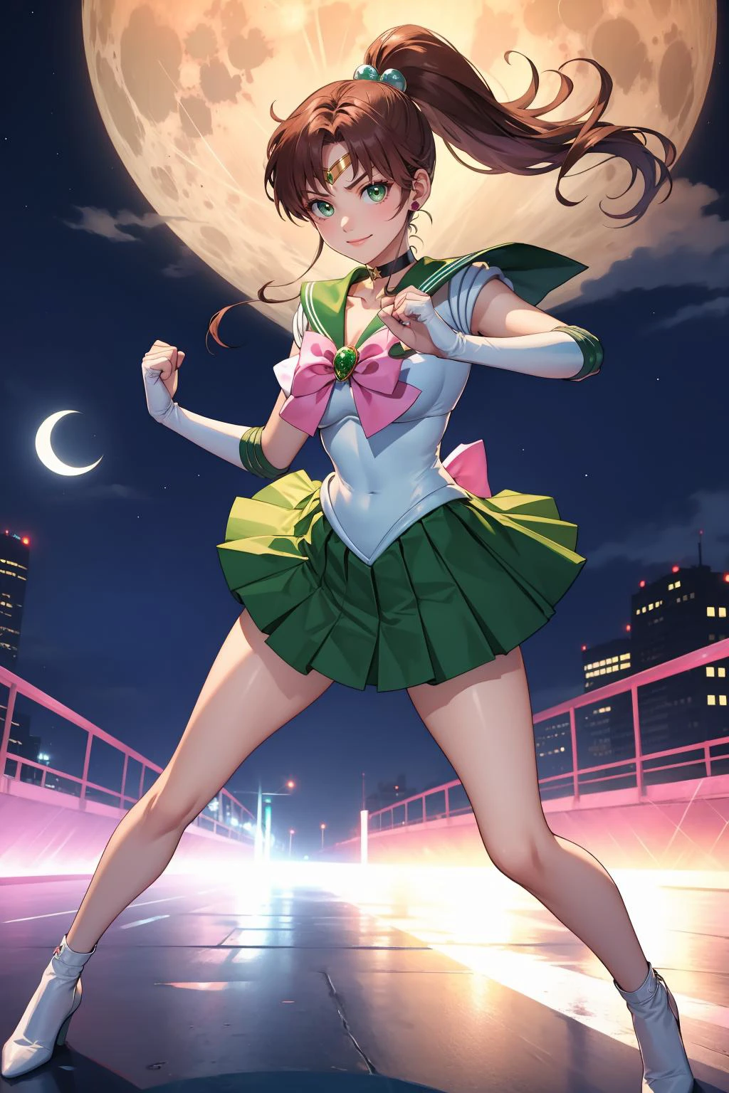 masterpiece, best quality, highres, absurdres, ultra detailed, pretty eyes,
hmjupiter, green eyes, ponytail, tiara, jewelry, sailor senshi uniform, green sailor collar, choker, elbow gloves, white gloves, pink bow, brooch, white leotard, green skirt, pleated skirt, (looking_serious) 
hands up, fighting pose, night, outdoors, moon, smile, city, full body
 <lora:sailor_jupiter_v1:0.7>