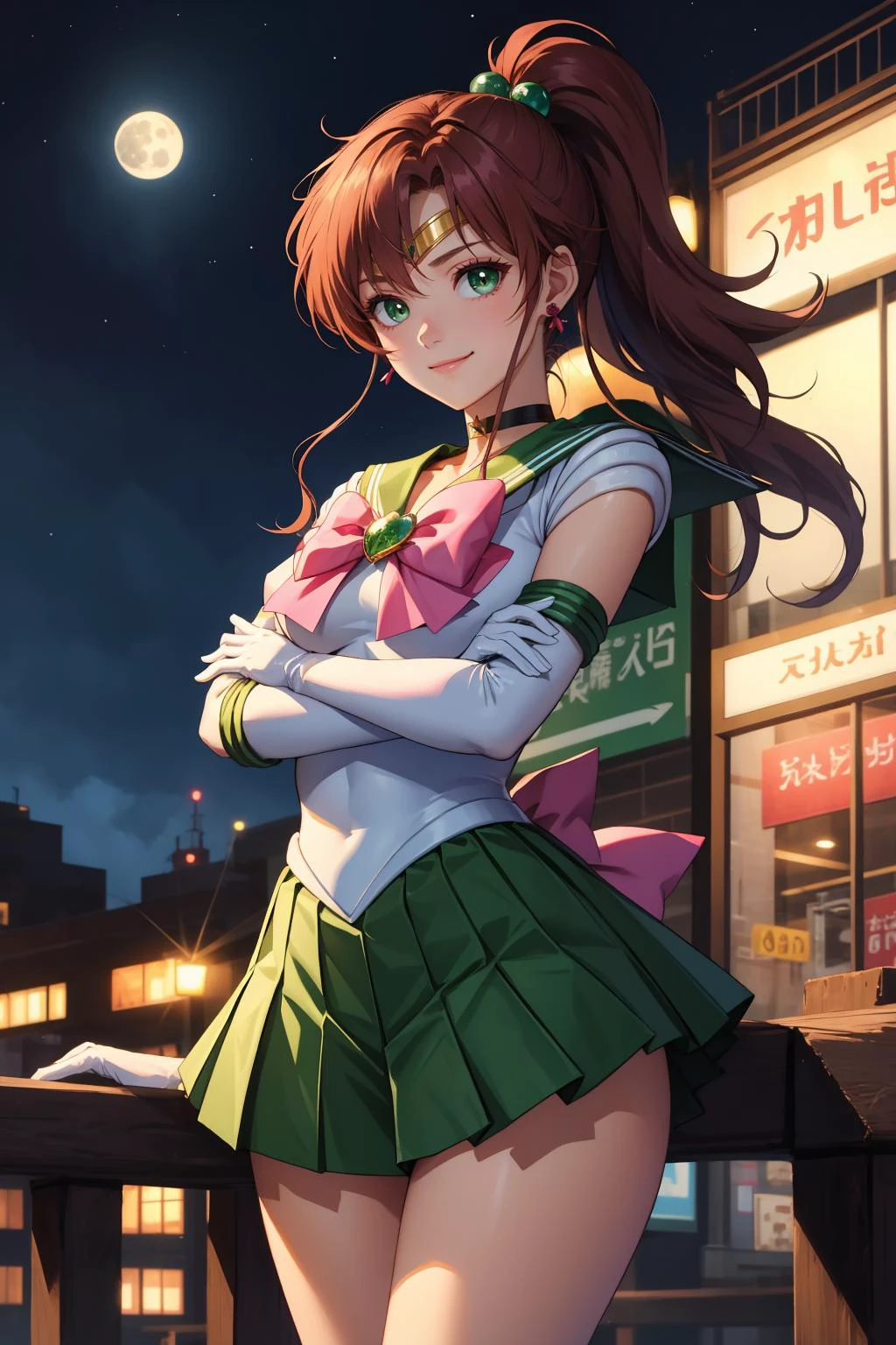 masterpiece, best quality, highres, absurdres, ultra detailed, pretty eyes,
hmjupiter, green eyes, ponytail, tiara, jewelry, sailor senshi uniform, green sailor collar, choker, elbow gloves, white gloves, pink bow, brooch, white leotard, green skirt, pleated skirt
sanding arms_crossed, cowboy shot, night, outdoors, moon, smile, city,
<lora:sailor_jupiter_v1:0.7>