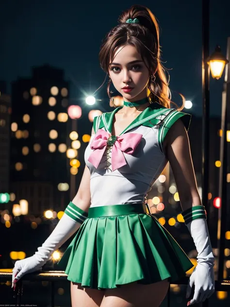 <lora:sailor_jupiter_v1:0.7>,1gril,standing,posing for a picture,cowboy shot,hmjupiter,green eyes,ponytail,tiara,jewelry,sailor senshi uniform,green sailor collar,choker,elbow gloves,white gloves,pink bow,brooch,white leotard,green skirt,pleated skirt,outdoors,night,city,
masterpiece,best quality,highres,photorealistic,realistic,extremely detailed 8k wallpaper,highest detailed,8k,HDR,ultra detailed,professional light,cinematic lighting,fashion photography,ambient lighting,face lighting,
