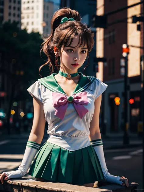 <lora:sailor_jupiter_v1:0.7>,1gril,standing,posing for a picture,cowboy shot,hmjupiter,green eyes,ponytail,tiara,jewelry,sailor senshi uniform,green sailor collar,choker,elbow gloves,white gloves,pink bow,brooch,white leotard,green skirt,pleated skirt,outdoors,night,city,
masterpiece,best quality,highres,photorealistic,realistic,extremely detailed 8k wallpaper,highest detailed,8k,HDR,ultra detailed,professional light,cinematic lighting,fashion photography,ambient lighting,face lighting,