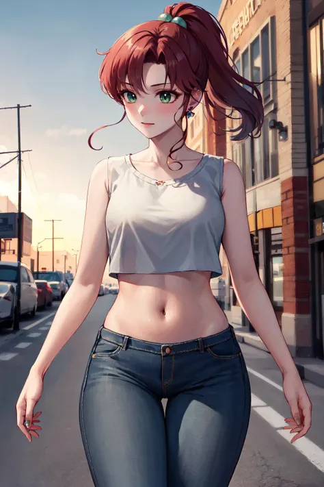 masterpiece, best quality, highres, hmjupiter, ponytail, green eyes, jewelry, <lora:sailor_jupiter_v1:0.7>, crop top, jeans, navel, street, outdoors, cowboy shot, walking,