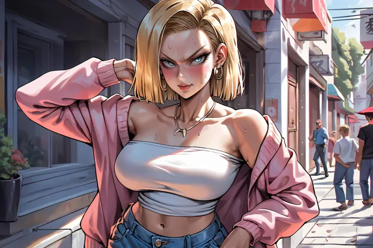 score_9, score_8_up,
<lora:xl_kelala_pony_ceshi(pony):1>, Korean style, ok hands,
1girl as android 18 on the street, (protruding upper circumference:2), large breasts:2, sagging breasts,
blonde hair, jewelry, earrings, navel, pants, necklace, denim, midriff, jeans, looking at viewer, solo focus, open clothes, short hair, collarbone, long sleeves, jacket, pink jacket, crop top, shirt, closed mouth, hoop earrings, strapless, medium hair, lips, cardigan, cowboy shot, open jacket,
very long eyelashes, blue eyes, fierce eyes, upturned eyes, v-shaped eyebrows, smile, serious, angry, blush, sweat,