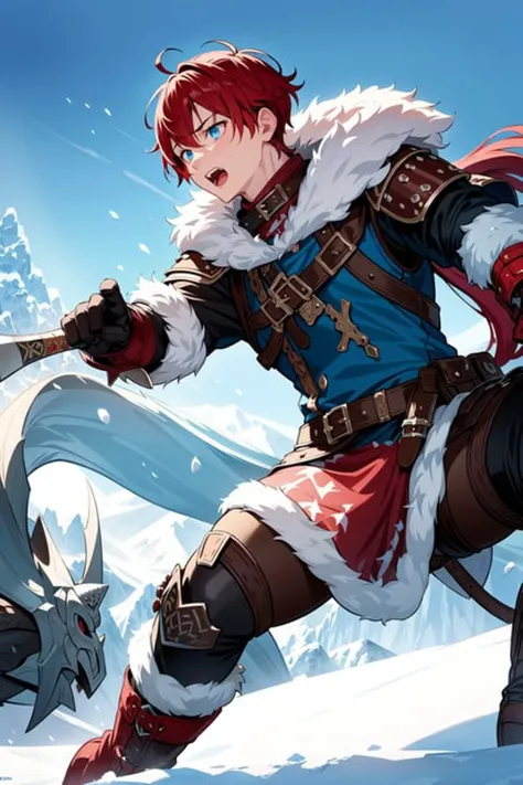 masterpiece, best quality, illustration, fantasy, scenery, snow landscape, mountain, 1boy, fighting stance, dual wielding, holding axe, red hair, narrowed blue eyes, open mouth, scar on face, viking armor, boots, harness, sheath, scabbard, gloves, fur trim brown cloak, snowing