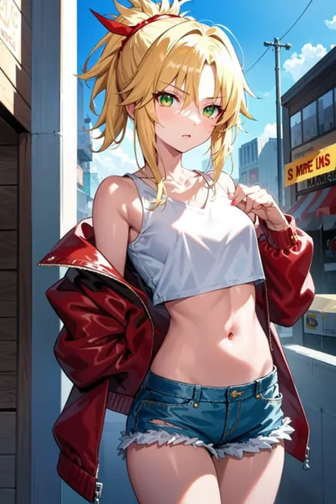 masterpiece, best quality, illustration, city street, 1girl, mordred \(fate\), cowboy shot, skinny, collarbone, detailed blonde hair ponytail braid, green eyes, red leather jacket, white crop top, denim shorts
<lora:mordredFateLora8MB_mordredv1:0.8>