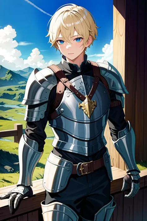 masterpiece, best quality, illustration, fantasy, scenery, 1boy, short blonde hair, narrowed blue eyes, scar on face, paladin armor, harness, gauntlets, boots