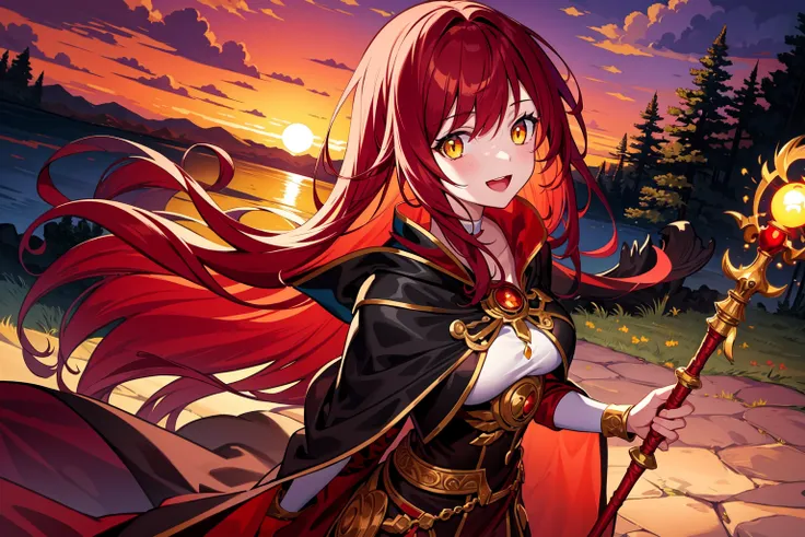 masterpiece, best quality, illustration, colorful, fantasy, scenery, sunset, landscape, 1girl, holding staff, detailed messy red hair, yellow eyes, :d, black robe, red capelet