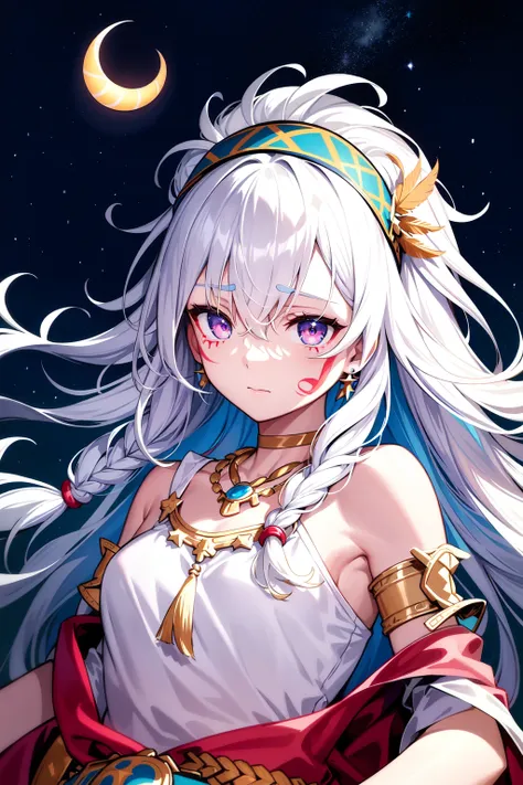 best quality, masterpiece, illustration, colorful, night, starry sky, floating, 1girl, face focus, multicolored, detailed messy long white hair braid, narrowed eyes, cute face, native american loincloth robe, facial tattoo facepaint, armlet, headband, feather hair ornament, necklace, earrings, jewelry