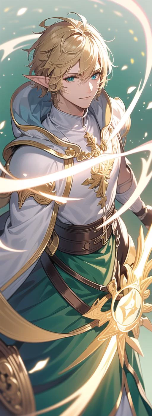 masterpiece, best quality, 8k, 1male, fantasy , anime, illustration, fullbody , ((man:1.6), (short hair: 1.1), strong, (male focus:1.1) ,elf , archer armor, bard, detailed blonde hair, half closed mint eyes, pointy ears, holy smile, holy light, handsome, green capelet, white robe, (muscular:0.33), highres, detail face, soft lights, Final Fantasy, white background ,