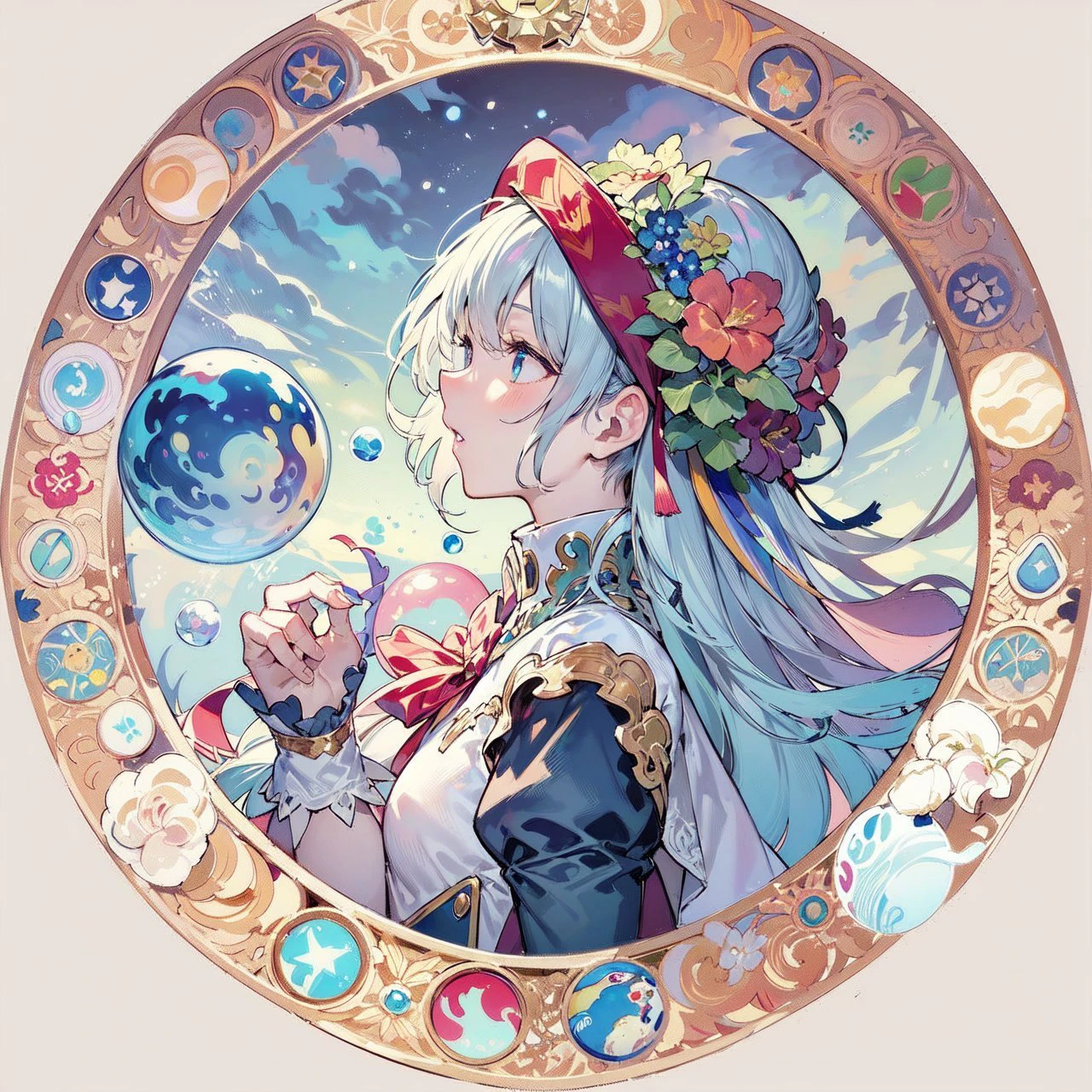 masterpiece, best quality, illustration, alphonse mucha, white background, watercolor, colorful, from side, portrait, 1boy, dress, space, bubble, planets, tree trunks, best ratio four fingers and one thumb