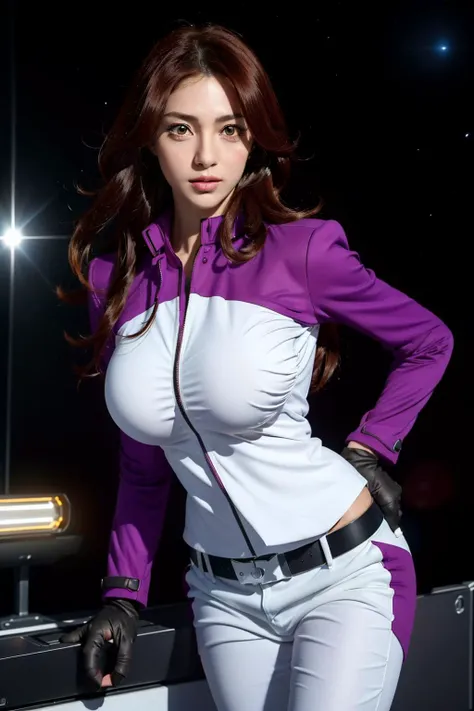 (Night:1.7),a space battleship in space,
dynamic pose,standing at attention,
white pants,belt, white shirt,long sleeves,gloves,(purple_jacket:1.2),(purple_suit:1.2)
<lora:Sumeragi_Lee_Noriega_Trailblazer-KK77-V1:0.7>,
bangs,brown_hair, long_hair,red eyes,lipstick,makeup,
,<lora:more_details:0.1>,
1 girl, 18yo,Young female,Beautiful long legs,Beautiful body,
Beautiful Nose,Beautiful character design, perfect eyes, perfect face,expressive eyes,perfect balance,
looking at viewer,closed mouth, (innocent_big_eyes:1.3),(Light_Smile:0.3),
official art,extremely detailed CG unity 8k wallpaper, perfect lighting,Colorful, Bright_Front_face_Lighting,White skin,
(masterpiece:1.0),(best_quality:1.0), ultra high res,4K,ultra-detailed,
photography, 8K, HDR, highres, absurdres:1.2, Kodak portra 400, film grain, blurry background, bokeh:1.2, lens flare, (vibrant_color:1.2),professional photograph,
(Beautiful,huge_Breasts:1.4), (beautiful_face:1.5),(narrow_waist),