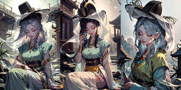 (otherworldly, otherworldly atmosphere, otherworldly appearance), highly insanely detailed, masterpiece, top quality, best quality, highres, 4k, 8k, RAW photo, ((ancient egyptian theme:1.2)), Hong Kong structure, structure, 
(mystical theme), mystical gatmosphere, arcane sanctuaries, otherwordly aura, 
(long_hair, long hair, random colors hair, glowing hair, hair over one eye, long messy hair), 
(eyelashes, eyeliner, eyeshadow, eyelashes, long eyelashes), 
collar, earrings, jewelry, necklace, armlet, 
tentacle, (underwater), nsfw, 
Homestay, Resort, Guest House, 
building, structure, still life, swirling energy, 
action pose, 
drunk, closed eyes, 
abandoned building, shopping mall, overgrown with vegetation, [volumetric fog], cinematic lighting, colorful, 
1girl, weimao hat, <lora:veilhat_v2b:0.88>, snow, desert, big and beautiful breasts, sitting, (fantasy world)