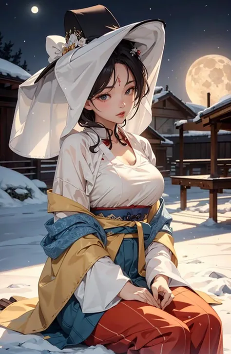 1girl, weimao hat, masterpiece, best quality, 8k <lora:veilhat_v2b:0.88>, snow, big and beautiful breasts, sitting, (moon night)