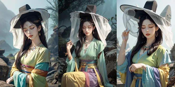 (otherworldly, otherworldly atmosphere, otherworldly appearance), highly insanely detailed, masterpiece, top quality, best quality, highres, 4k, 8k, RAW photo, ((ancient egyptian theme:1.2)), Hong Kong structure, structure, 
(mystical theme), mystical gatmosphere, arcane sanctuaries, otherwordly aura, 
(long_hair, long hair, random colors hair, glowing hair, hair over one eye, long messy hair), 
(eyelashes, eyeliner, eyeshadow, eyelashes, long eyelashes), 
collar, earrings, jewelry, necklace, armlet, 
tentacle, (underwater), nsfw, 
Homestay, Resort, Guest House, 
building, structure, still life, swirling energy, 
action pose, 
drunk, closed eyes, 
abandoned building, shopping mall, overgrown with vegetation, [volumetric fog], cinematic lighting, colorful, 
1girl, weimao hat, <lora:veilhat_v2b:0.88>, snow, desert, big and beautiful breasts, sitting, (fantasy world)