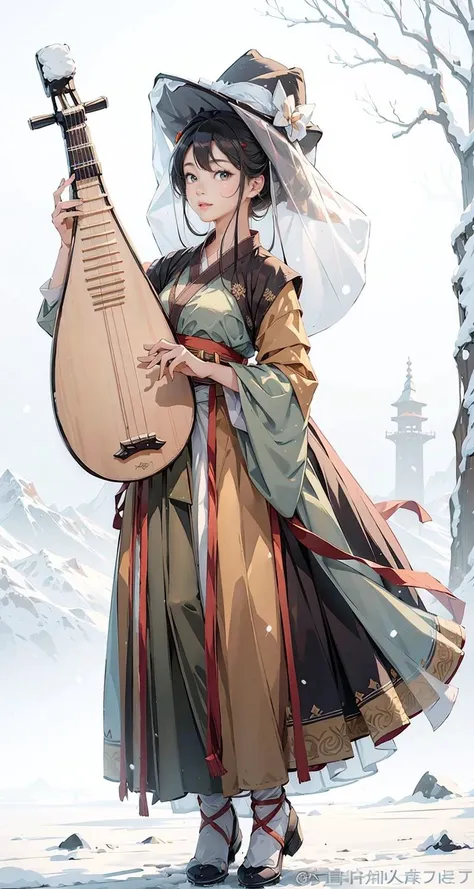 1girl, (veil_hat, hanfu), (playing pipa, holding pipa, pipa), stand, full body, snowing, snow, outdoor, Gray hair, masterpiece, best quality, 8k