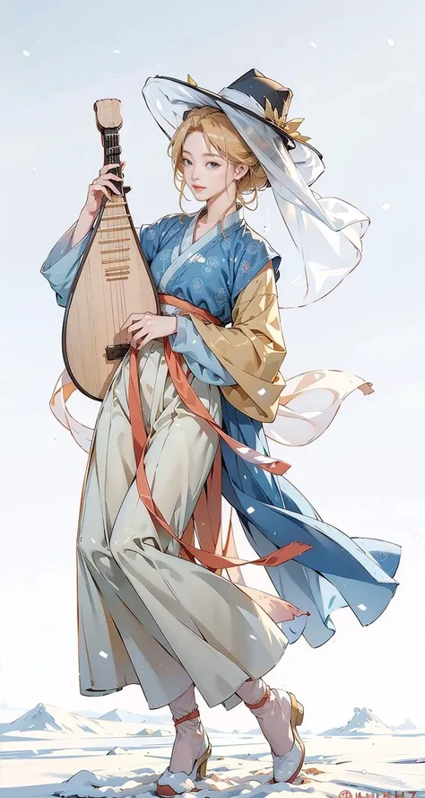 1girl, (veil_hat, hanfu), (playing pipa, holding pipa, pipa), stand, full body, snowing, snow, outdoor, golden hair, blonde hair, masterpiece, best quality, 8k,