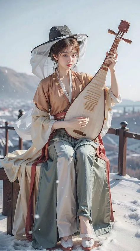 1girl, (veil_hat, hanfu),(playing pipa, holding pipa, pipa), sitting, full body,  Brown hair, outdoor, snowing, snow,  masterpiece, best quality, 8k