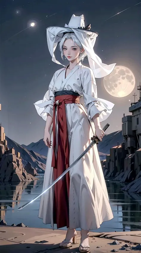 1girl, (veil_hat, hanfu),holding katana, katana, stand, full body,  White hair, outdoor, desert, moon, night,  masterpiece, best quality, 8k