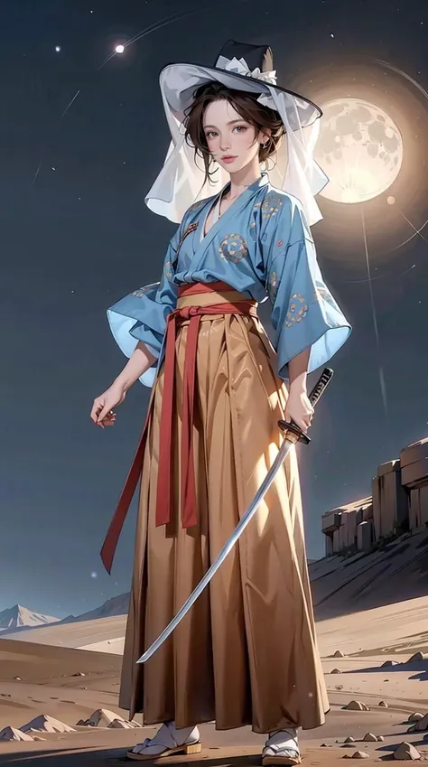 1girl, (veil_hat, hanfu),holding katana, katana, stand, full body,  Brown hair, outdoor, desert, moon, night,  masterpiece, best quality, 8k