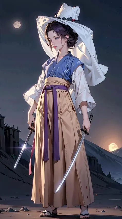 1girl, (veil_hat, hanfu),holding katana, katana, stand, full body,  Dark Purple hair, outdoor, desert, moon, night,  masterpiece, best quality, 8k