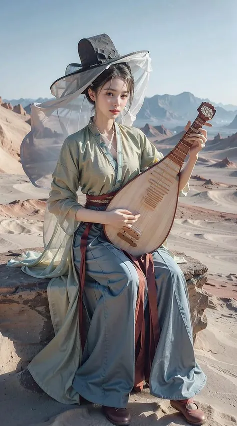 1girl, (veil_hat, hanfu),(playing pipa, holding pipa, pipa), sitting, full body,  Indigo hair, outdoor, desert,  masterpiece, best quality, 8k