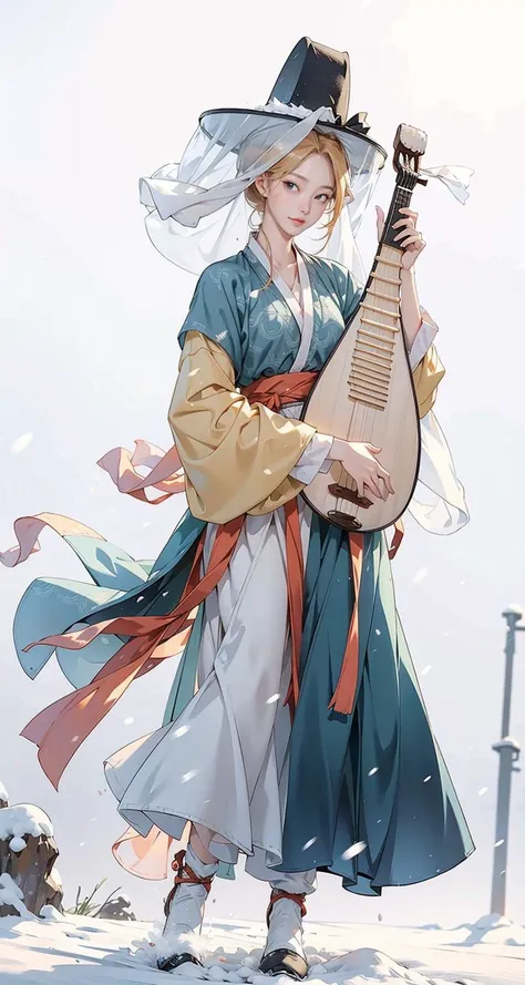 1girl, (veil_hat, hanfu), (playing pipa, holding pipa, pipa), stand, full body, snowing, snow, outdoor, golden hair, blonde hair, masterpiece, best quality, 8k,