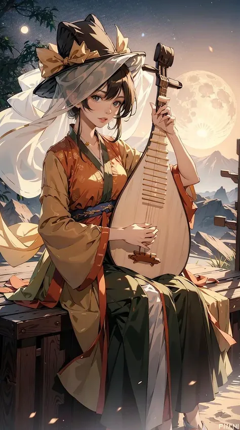 1girl, (veil_hat, hanfu),(playing pipa, holding pipa, pipa), sitting, full body,  Gold hair, outdoor, desert, moon, night,  masterpiece, best quality, 8k