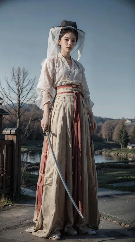 1girl, (veil_hat, hanfu),holding katana, katana, stand, full body,  Black hair, outdoor, masterpiece, best quality, 8k, In a tranquil countryside town