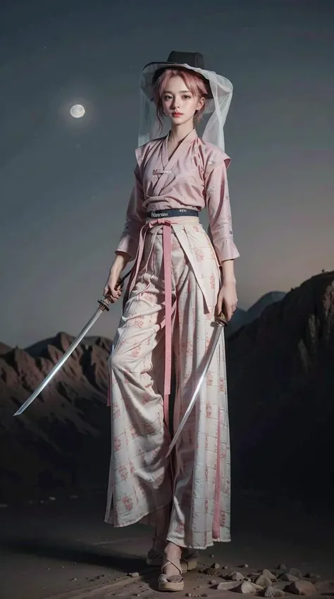 1girl, (veil_hat, hanfu),holding katana, katana, stand, full body,  Pink hair, outdoor, desert, moon, night,  masterpiece, best quality, 8k