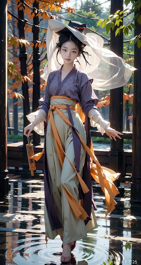 1girl, (veil_hat, hanfu), (playing pipa, holding pipa, pipa), stand, full body, raining, outdoor, Dark Purple hair, masterpiece, best quality, 8k