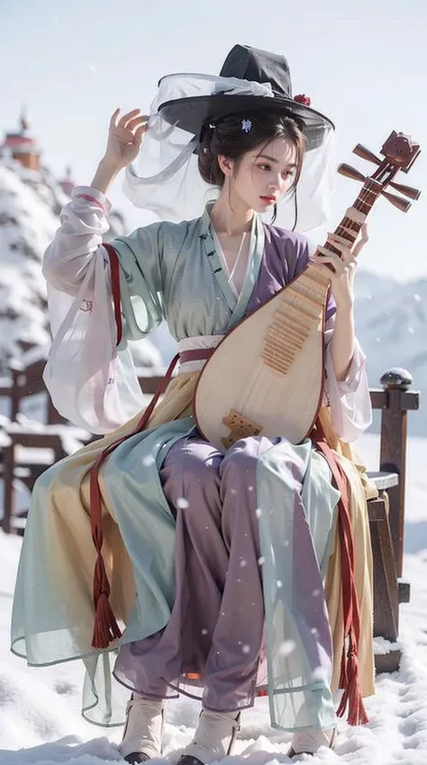 1girl, (veil_hat, hanfu),(playing pipa, holding pipa, pipa), sitting, full body,  Purple hair, outdoor, snowing, snow,  masterpiece, best quality, 8k