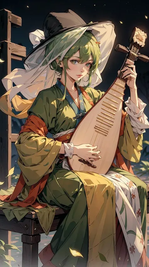 1girl, (veil_hat, hanfu),(playing pipa, holding pipa, pipa), sitting, full body,  Green hair, outdoor, desert, moon, night,  masterpiece, best quality, 8k