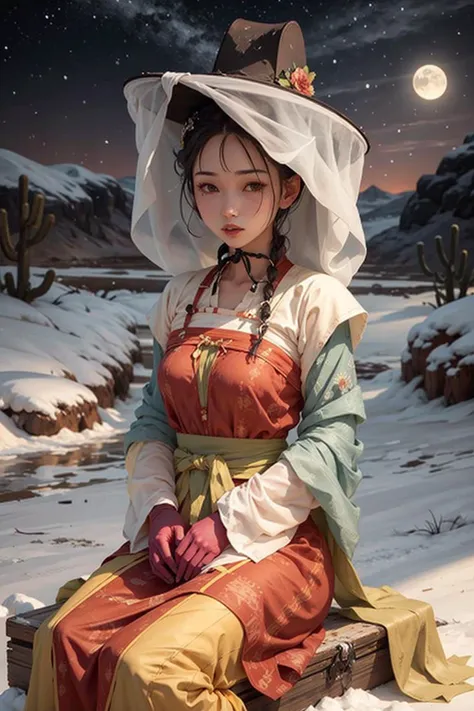 1girl, weimao hat, masterpiece, best quality, 8k <lora:veilhat_v2b:0.88>, snow, desert, big and beautiful breasts, sitting, braid, moon