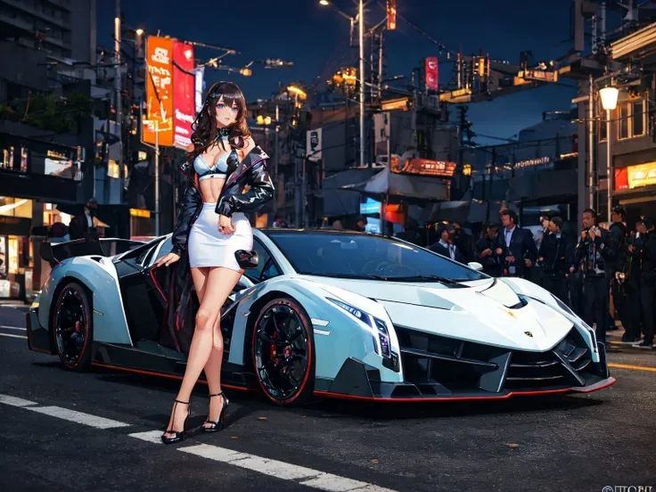 lamborghiniveneno, masterpiece, best quality, 1car, 1girl, standing, white skirt, black stockings, bra, high heels, city background, white car, street, buildings, night, highly detailed <lora:LamborghiniVeneno:0.6>