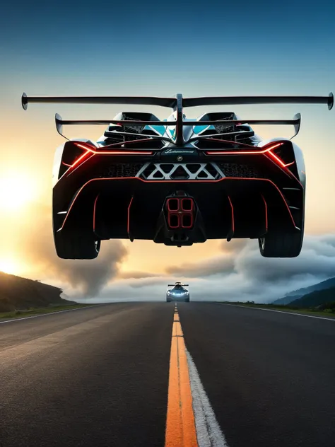 lamborghiniveneno, 1car, back view, race, fog, foggy,  road, cinematic light, hdr,cinematic shot, vignette, complex background, [[teal and orange]],  panorama <lora:LamborghiniVeneno:0.6>