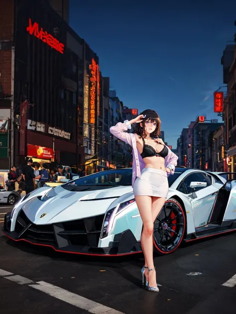 lamborghiniveneno, masterpiece, best quality, 1car, 1girl, standing, white skirt, black stockings, bra, high heels, city background, white car, street, buildings, night, highly detailed <lora:LamborghiniVeneno:0.6>
