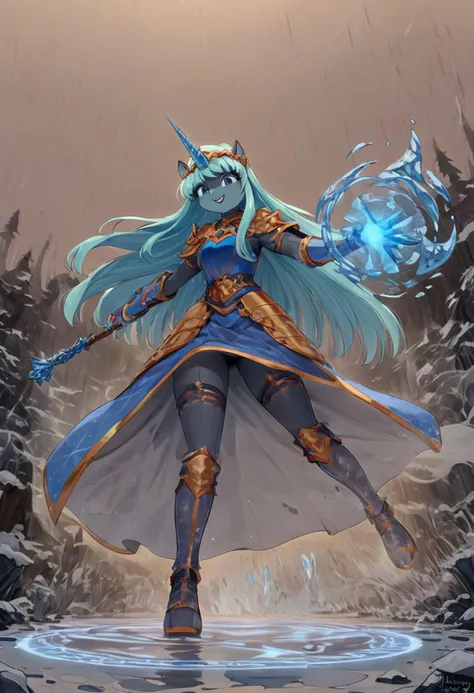 fca style, cel-shading, in the style of Beatrix Potter, score_9, score_8_up, score_8, anthro, 1 woman, long hair, bangs, in iron metal armor, hold a very large stick in the hand, magic circle on the ground below the staff and the girl, summoning circle, (in the background 1 giant ice golem), g0thicPXL, ,2D, score_anime, best quality, cold room, humid, ice, water, cold vapor, fog , dark, disturbing, magic, golem, <lora: OtherStyle_04_maleStyleV2:1> <lora:Jabstyle_AMXLV1:.8>. Jabstyle, <lora:detailed_notrigger:1>, score_9, score_8_up, score_7_up, <lora:Pony self01: 0.5>, <lora: OtherStyle_04_maleStyleV2:1 > <lora: Jabstyle_AMXLV1:.8> Jabstyle, <lora:detailed_notrigger:1>, score_9, score_8_up, score_7_up