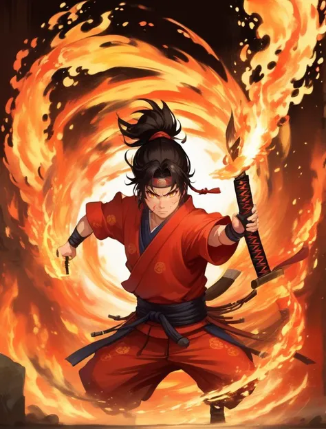 1boy, black hair, casting spell, dual wielding, fire, holding, holding sword, holding weapon, japanese clothes, katana, male focus, ponytail, sheath, sword, weapon
 <lora:sdxl_casting_spell-000003:0.65>