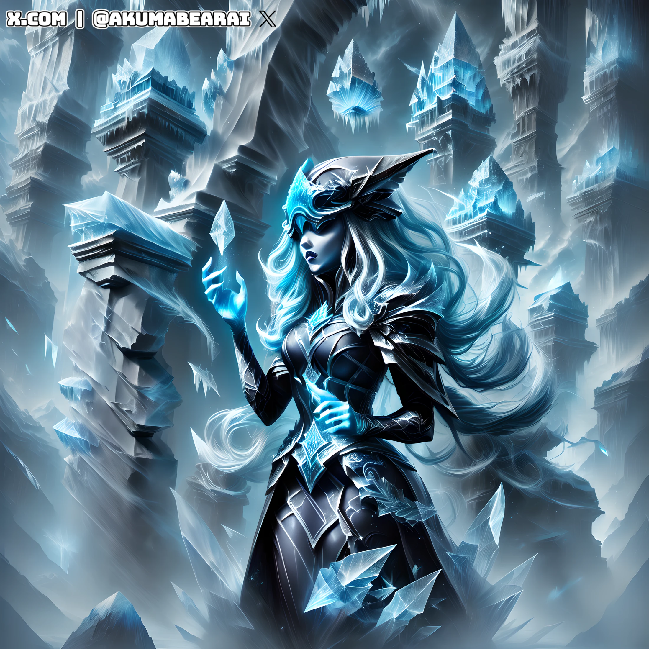 ((masterpiece quality)), ((ultra high quality)), (((2K))), (((4K))), ((perfectly drawn face, highly detailed face)), (highly detailed background, (stone and ice palace:1.2) in the background), ((perfectly drawn hands:1.2, feminine hands)), full body shot, DonMGl00my1c3, gloomy, dark, black, ice, lissandra, casting spell, (helmet covering eyes:1.2), (casting an ice spell, summoning a floating ice crystal), ice-shard, ice-flurry, snow, ice, wind covering right hand, crystal, magic, (ice magic particles around hands:1.2), storm gusts <lora:DonMGl00my1c3:1> <lora:Lissandra_Default:1> <lora:Casting_Spell:0.6> <lora:Concept - Cryomancer:0.2> <lora:more_details:0.6>