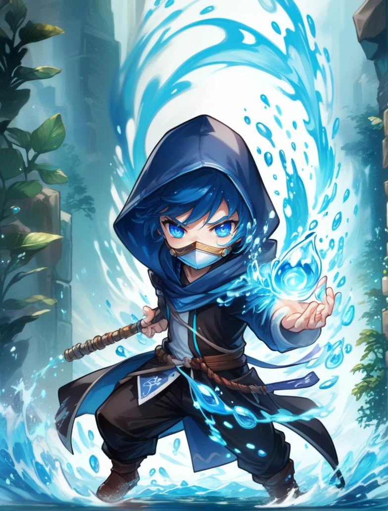 1boy, blue eyes, casting spell, chibi, hood, male focus, mask, solo, staff, water, weapon
<lora:sdxl_casting_spell-000003:0.65>